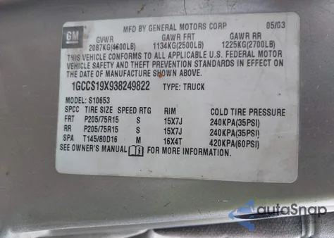 2003 Chevrolet S-10 Ls из США, поврежденный, VIN 1GCCS19X938249822